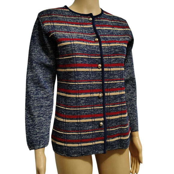 1960s Striped Blue Wool Button Up Cardigan Crewneck Long Sleeve Cardigan Size 12 - Picture 1 of 8